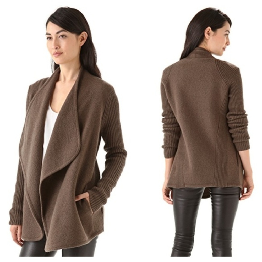Vince Brown Draped Open-Front Knit Cardigan